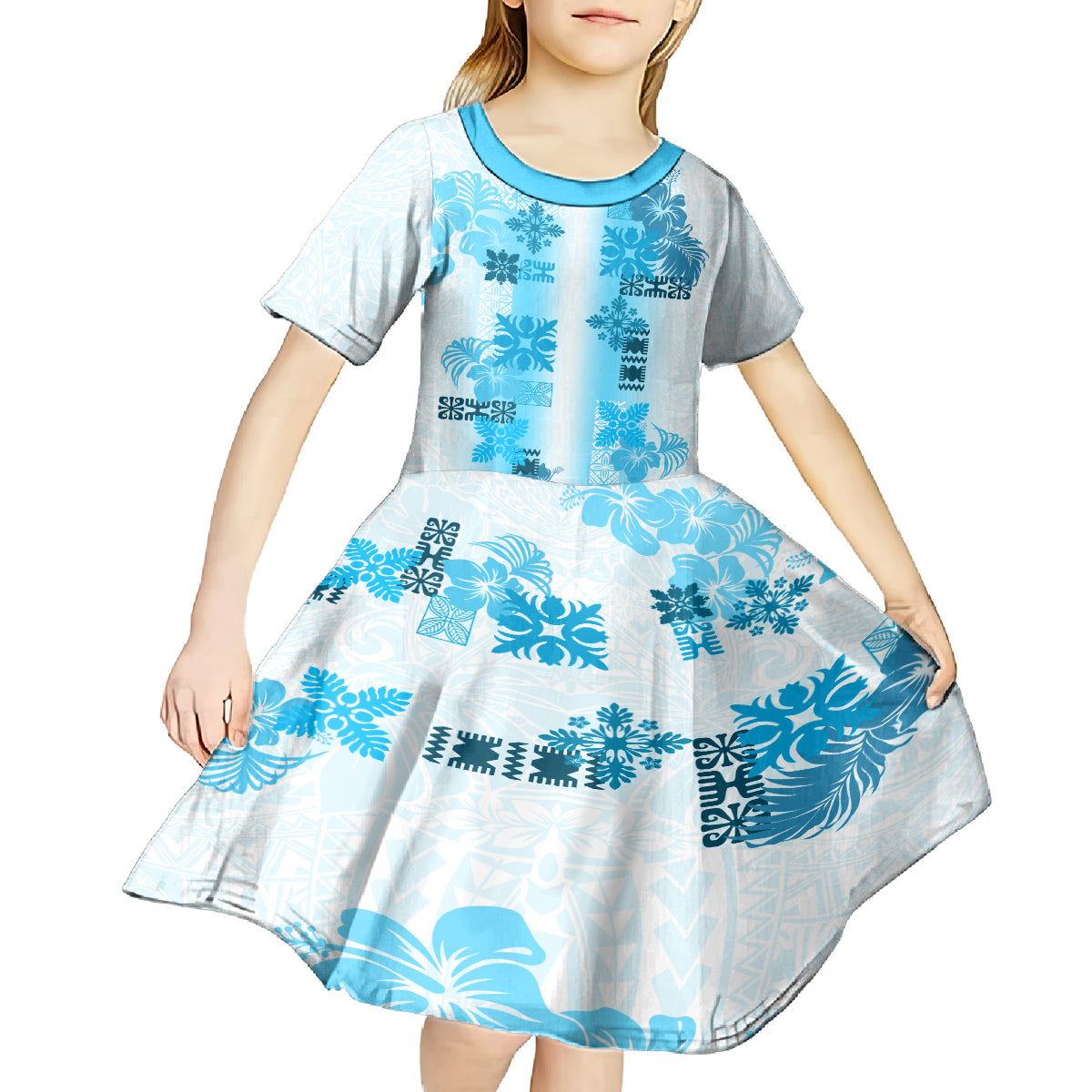 Hawaiian Quilt Kid Short Sleeve Dress Vintage Pattern Blue LT05 - Polynesian Pride