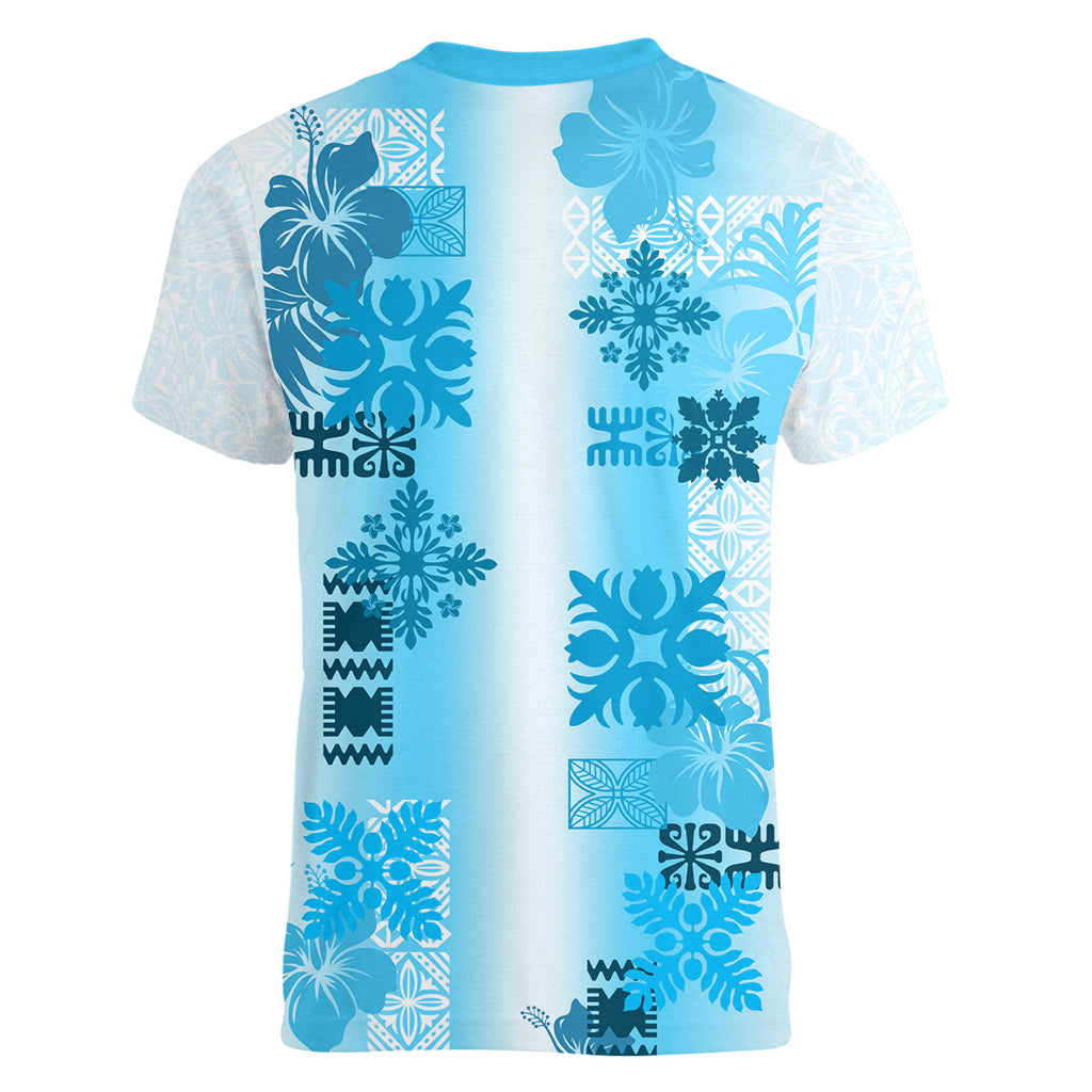 Hawaiian Quilt Women V Neck T Shirt Vintage Pattern Blue LT05 - Polynesian Pride