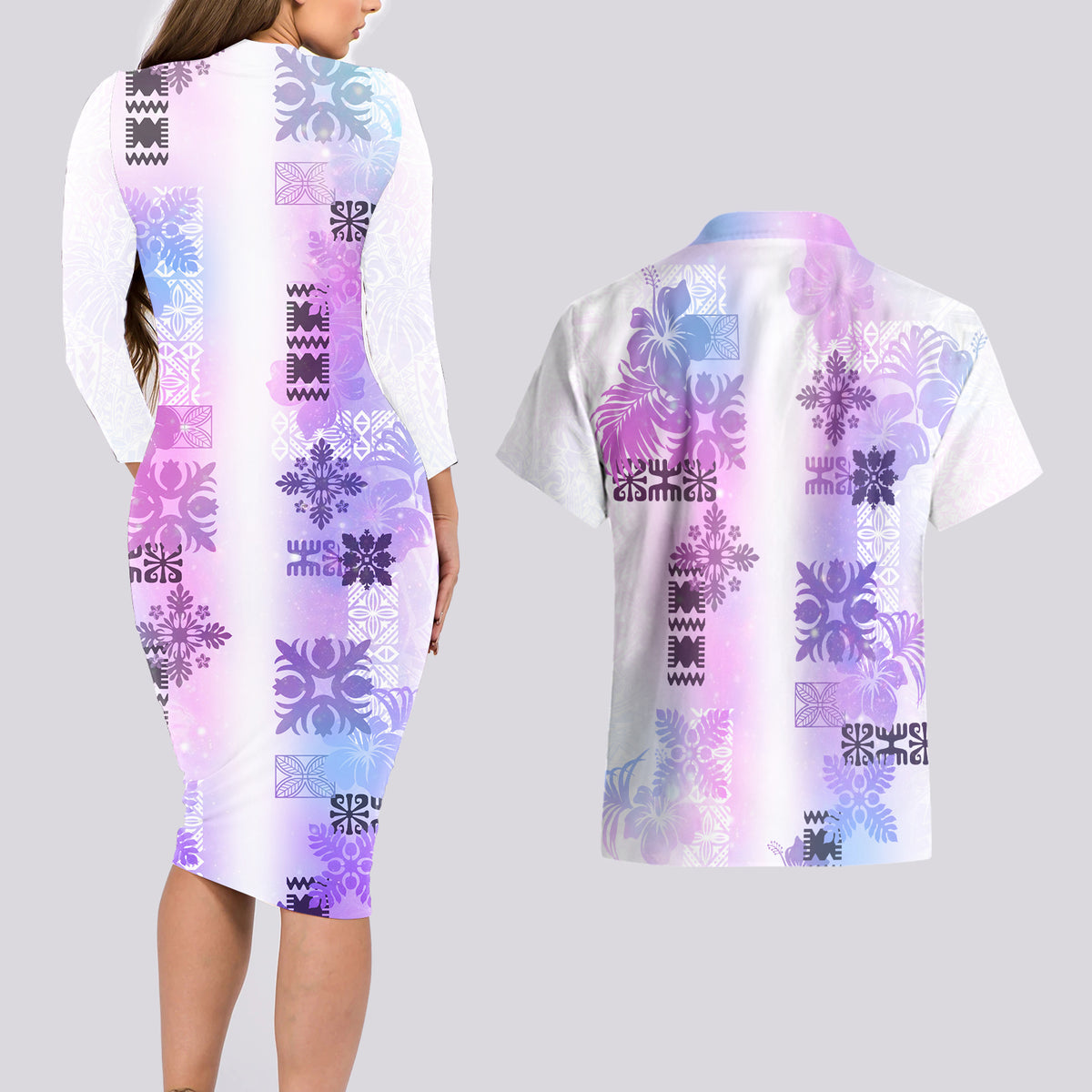 Hawaiian Quilt Couples Matching Long Sleeve Bodycon Dress and Hawaiian Shirt Vintage Pattern Galaxy LT05 - Polynesian Pride