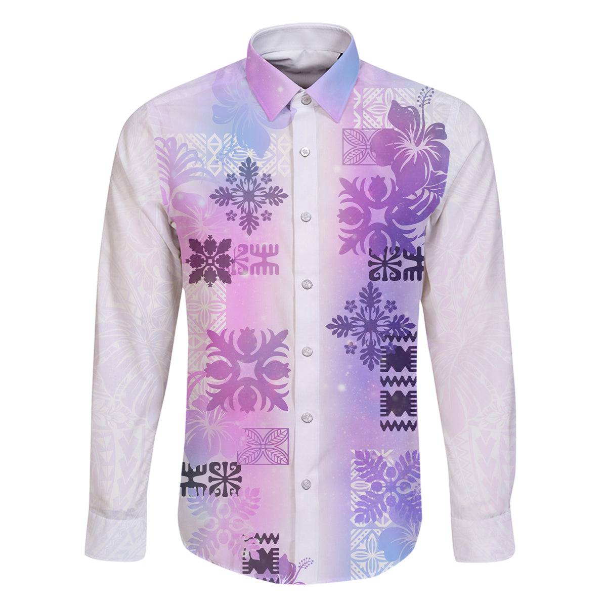 Hawaiian Quilt Family Matching Off Shoulder Long Sleeve Dress and Hawaiian Shirt Vintage Pattern Galaxy LT05 Dad's Shirt - Long Sleeve Galaxy - Polynesian Pride