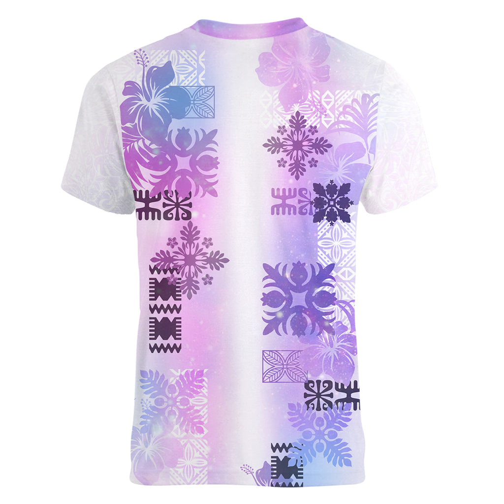 Hawaiian Quilt Women V Neck T Shirt Vintage Pattern Galaxy LT05 - Polynesian Pride