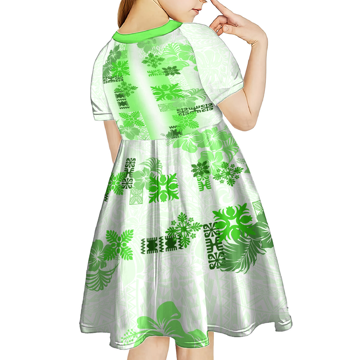 Hawaiian Quilt Kid Short Sleeve Dress Vintage Pattern Green LT05 - Polynesian Pride