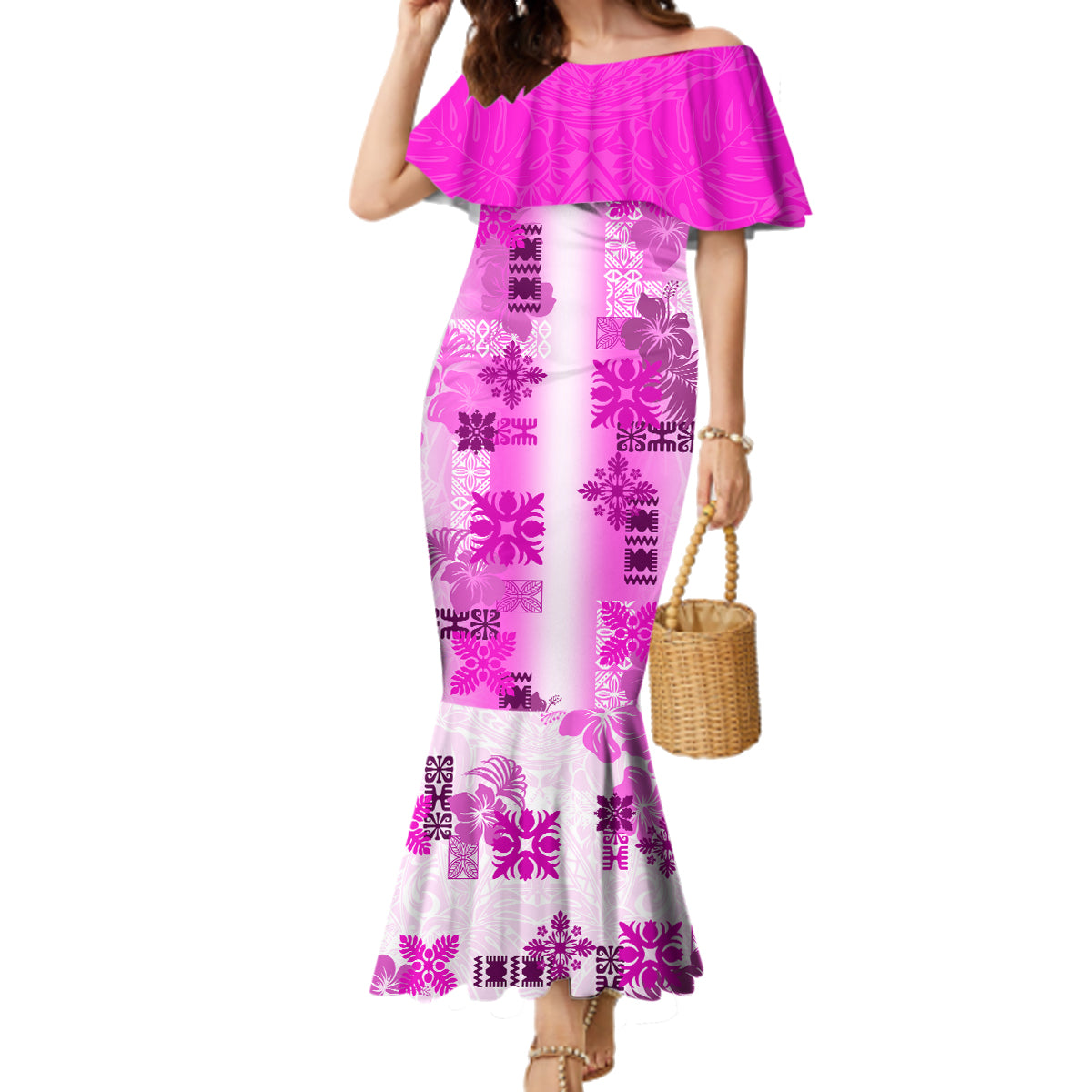 Hawaiian Quilt Family Matching Mermaid Dress and Hawaiian Shirt Vintage Pattern Pink LT05 Mom's Dress Pink - Polynesian Pride