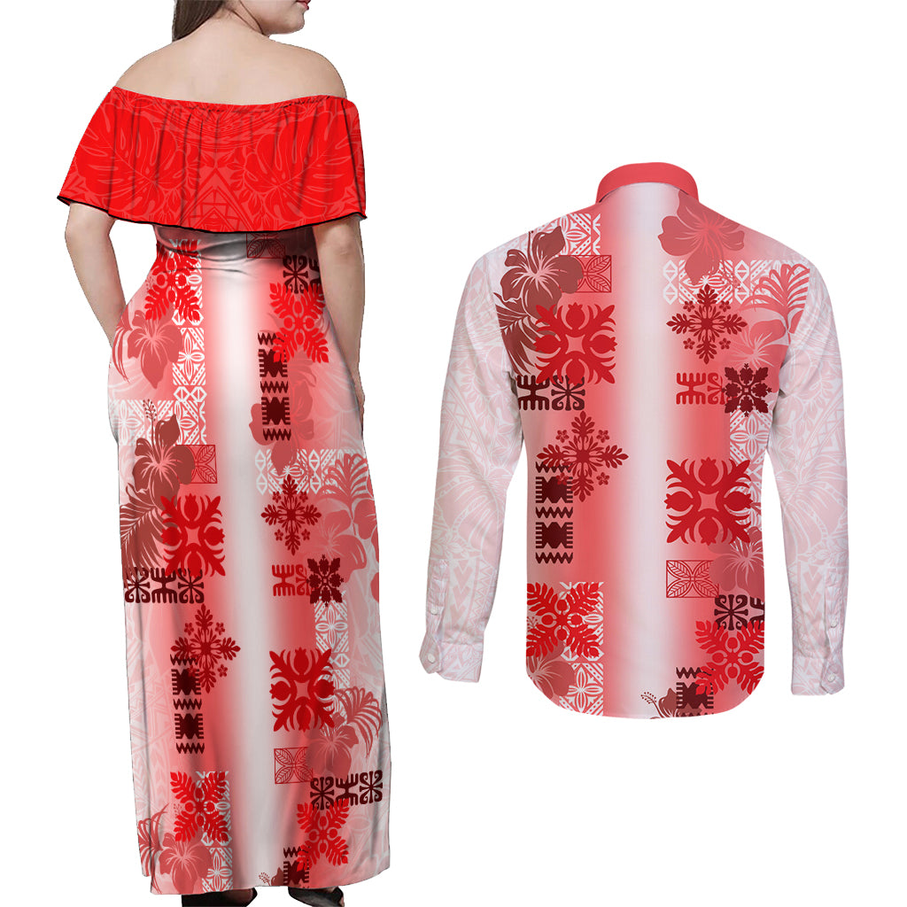 Hawaiian Quilt Couples Matching Off Shoulder Maxi Dress and Long Sleeve Button Shirt Vintage Pattern Red LT05 - Polynesian Pride