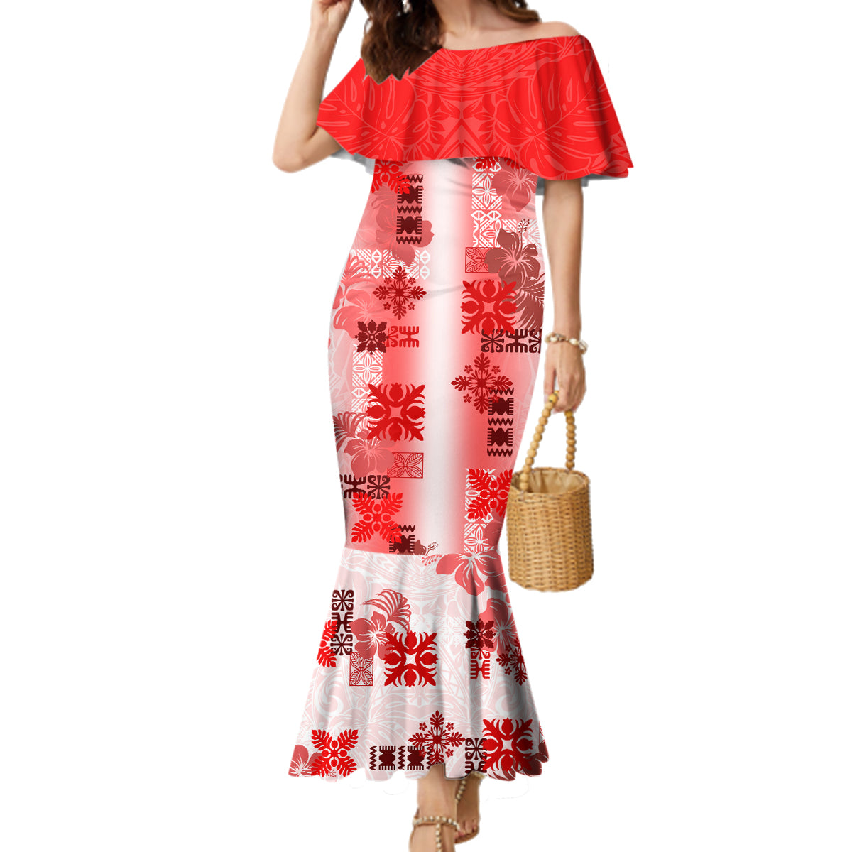 Hawaiian Quilt Family Matching Mermaid Dress and Hawaiian Shirt Vintage Pattern Red LT05 Mom's Dress Red - Polynesian Pride