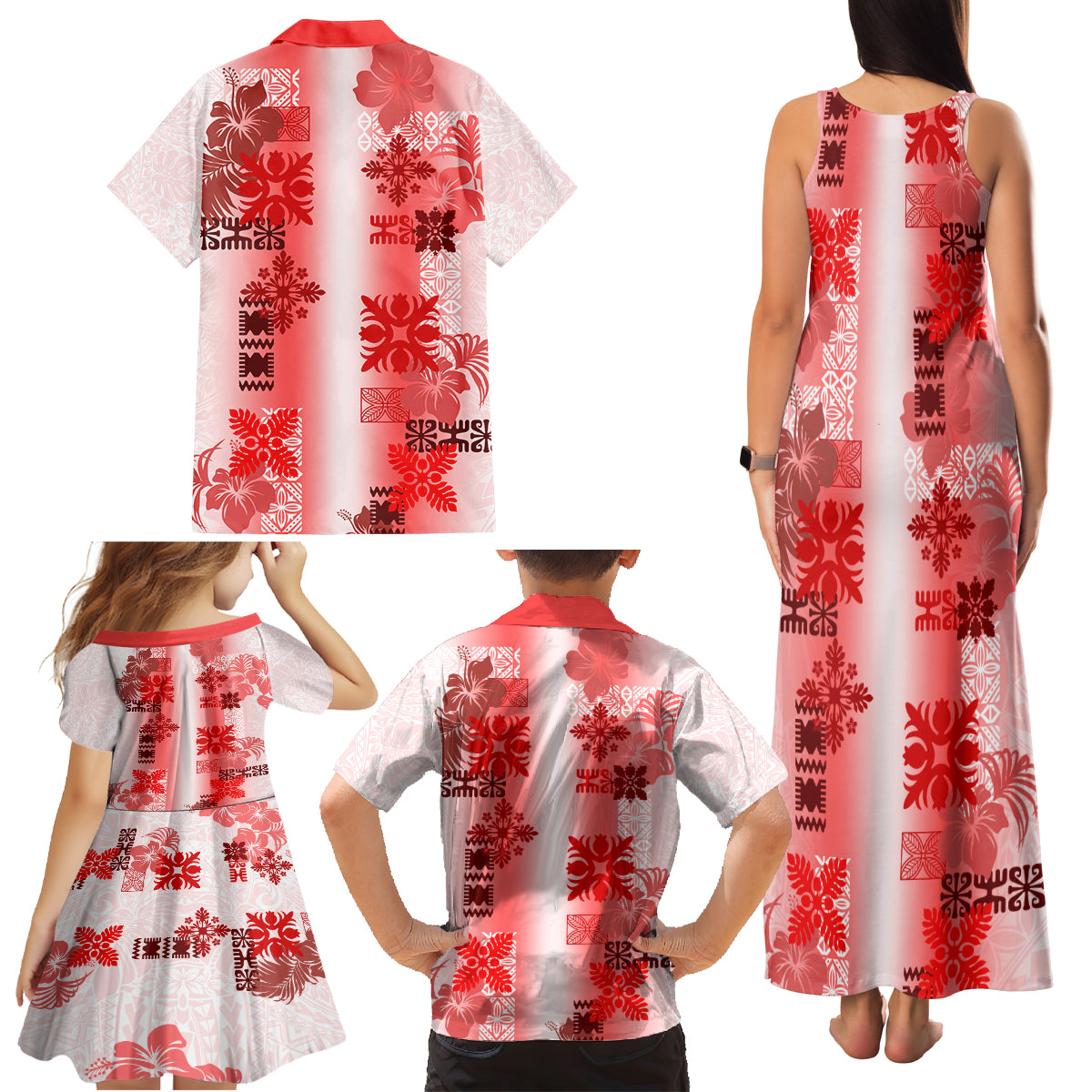 Hawaiian Quilt Family Matching Tank Maxi Dress and Hawaiian Shirt Vintage Pattern Red LT05 - Polynesian Pride