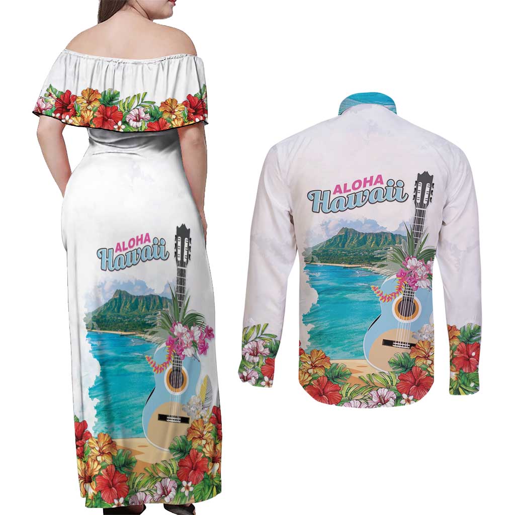 Aloha Hawaii Waikiki Beach Landscape Couples Matching Off Shoulder Maxi Dress and Long Sleeve Button Shirt