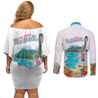 Aloha Hawaii Waikiki Beach Landscape Couples Matching Off Shoulder Short Dress and Long Sleeve Button Shirt