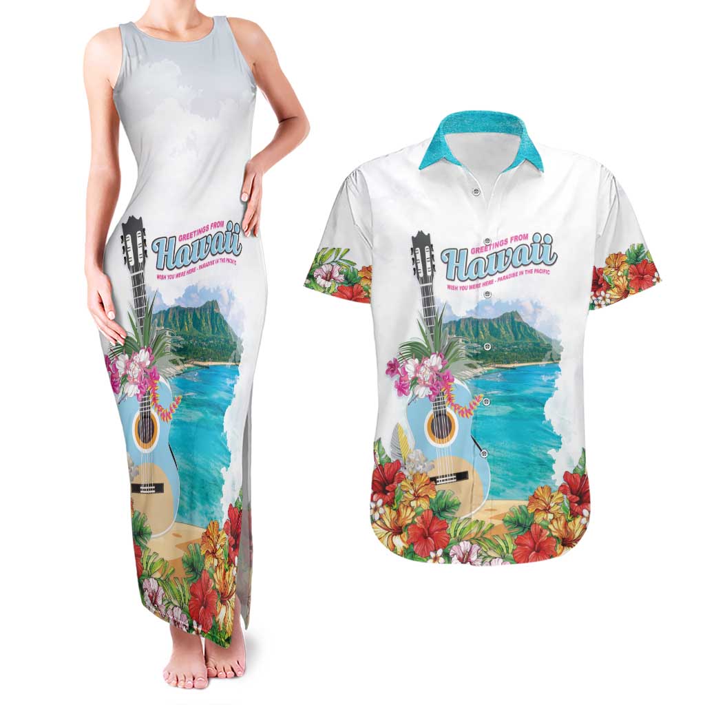Aloha Hawaii Waikiki Beach Landscape Couples Matching Tank Maxi Dress and Hawaiian Shirt