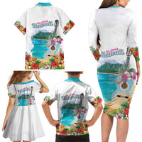 Aloha Hawaii Waikiki Beach Landscape Family Matching Long Sleeve Bodycon Dress and Hawaiian Shirt