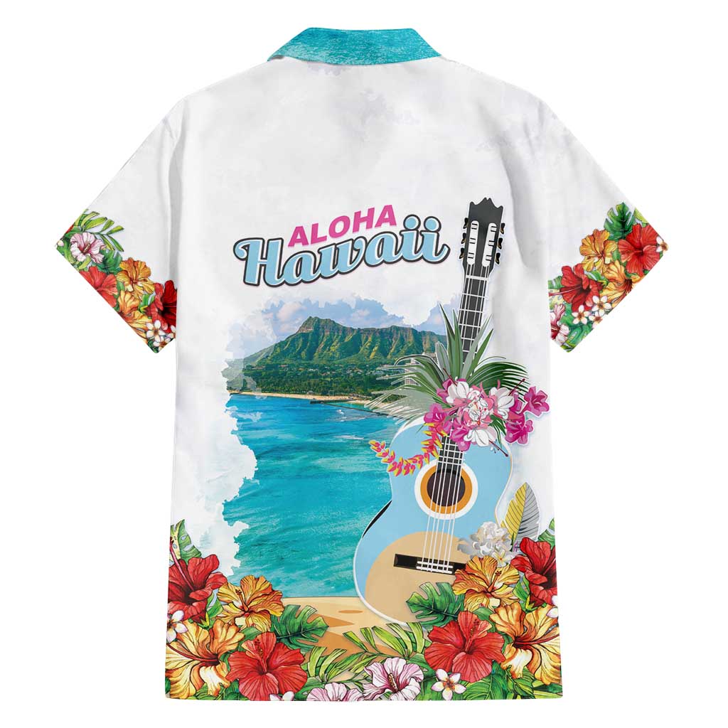 Aloha Hawaii Waikiki Beach Landscape Family Matching Off Shoulder Short Dress and Hawaiian Shirt