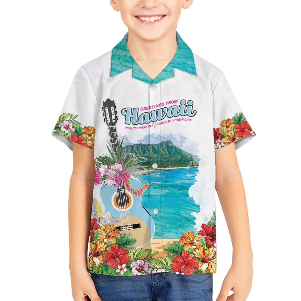 Aloha Hawaii Waikiki Beach Landscape Family Matching Off Shoulder Short Dress and Hawaiian Shirt