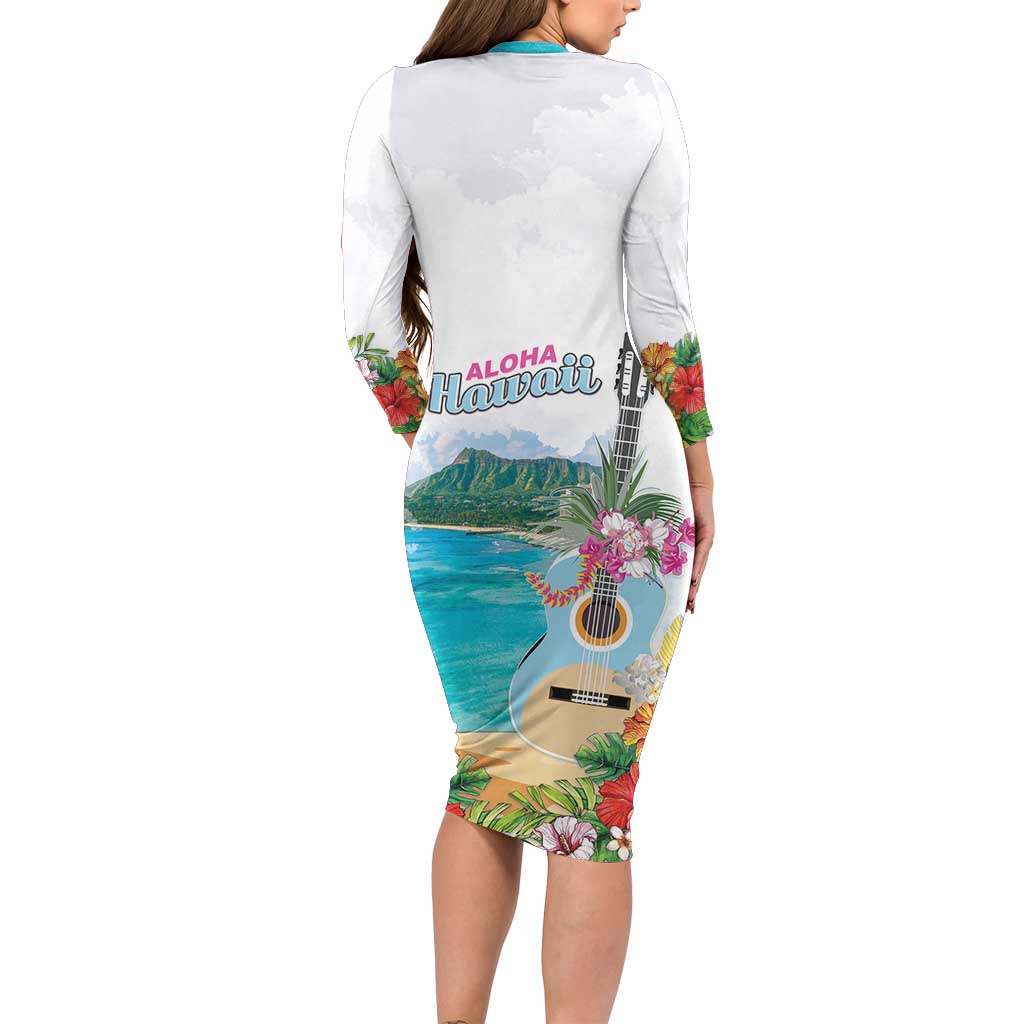 Aloha Hawaii Waikiki Beach Landscape Long Sleeve Bodycon Dress