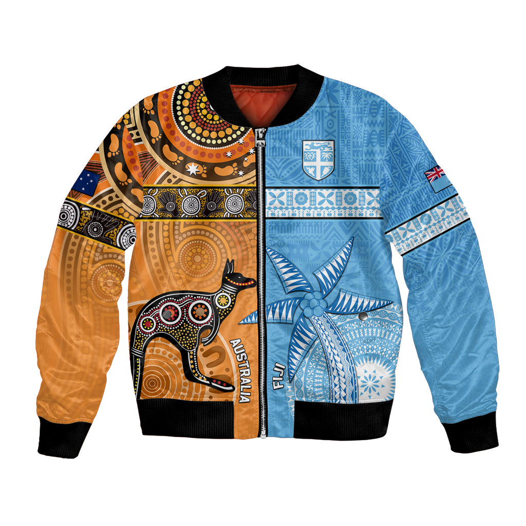 Custom Fiji Tapa And Australia Aboriginal Together Bomber Jacket LT05 Unisex Blue - Polynesian Pride