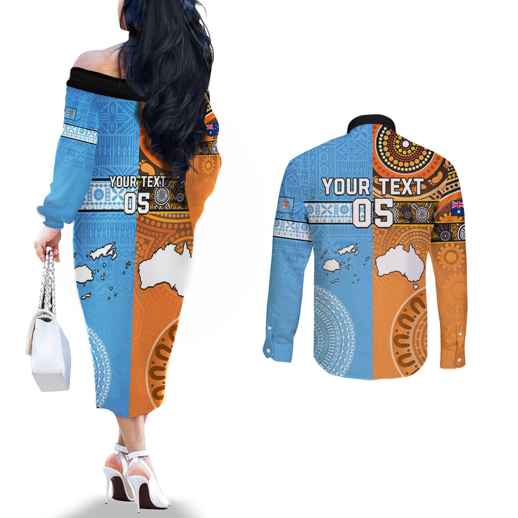 Custom Fiji Tapa And Australia Aboriginal Together Couples Matching Off The Shoulder Long Sleeve Dress and Long Sleeve Button Shirt LT05 - Polynesian Pride