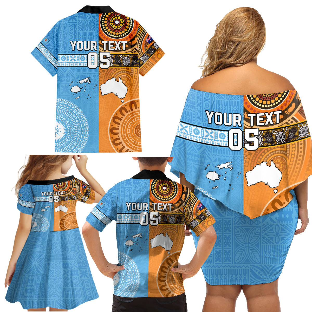 Custom Fiji Tapa And Australia Aboriginal Together Family Matching Off Shoulder Short Dress and Hawaiian Shirt LT05 - Polynesian Pride