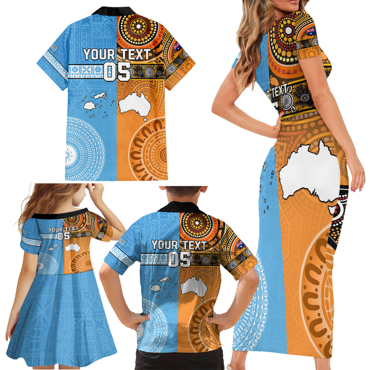 Custom Fiji Tapa And Australia Aboriginal Together Family Matching Short Sleeve Bodycon Dress and Hawaiian Shirt LT05 - Polynesian Pride