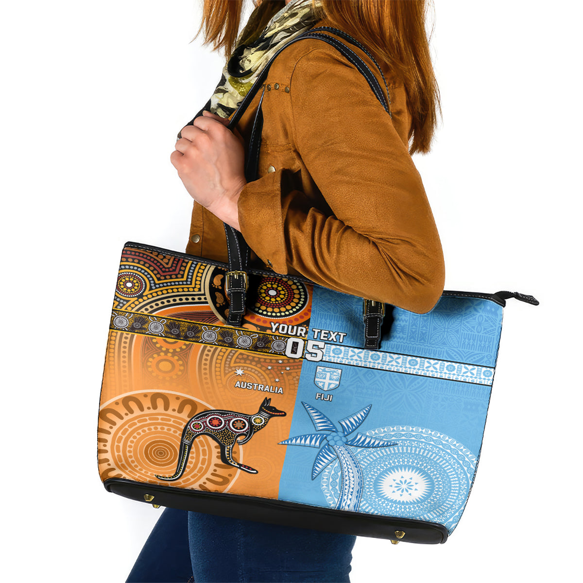 Custom Fiji Tapa And Australia Aboriginal Together Leather Tote Bag LT05 Blue - Polynesian Pride