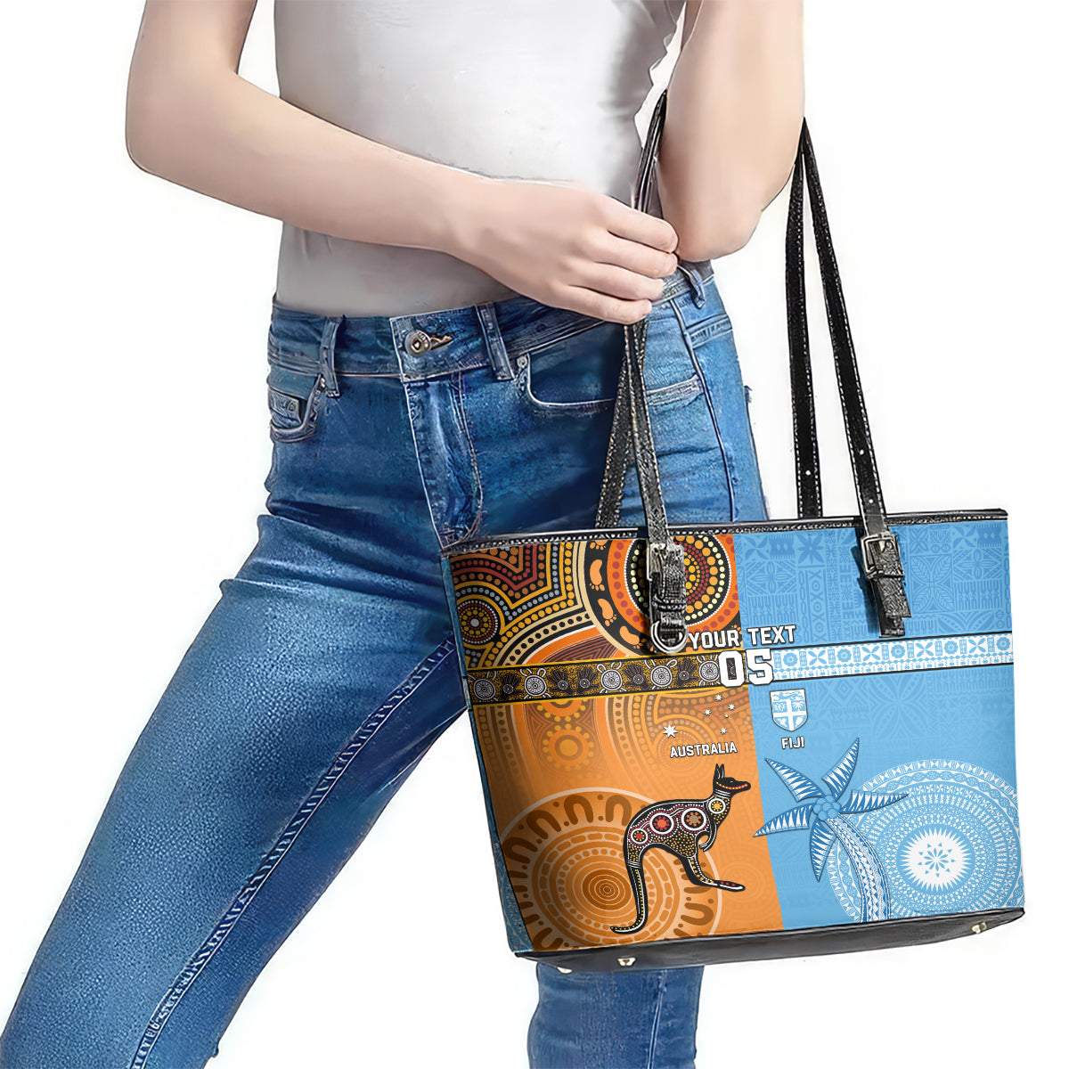 Custom Fiji Tapa And Australia Aboriginal Together Leather Tote Bag LT05 - Polynesian Pride