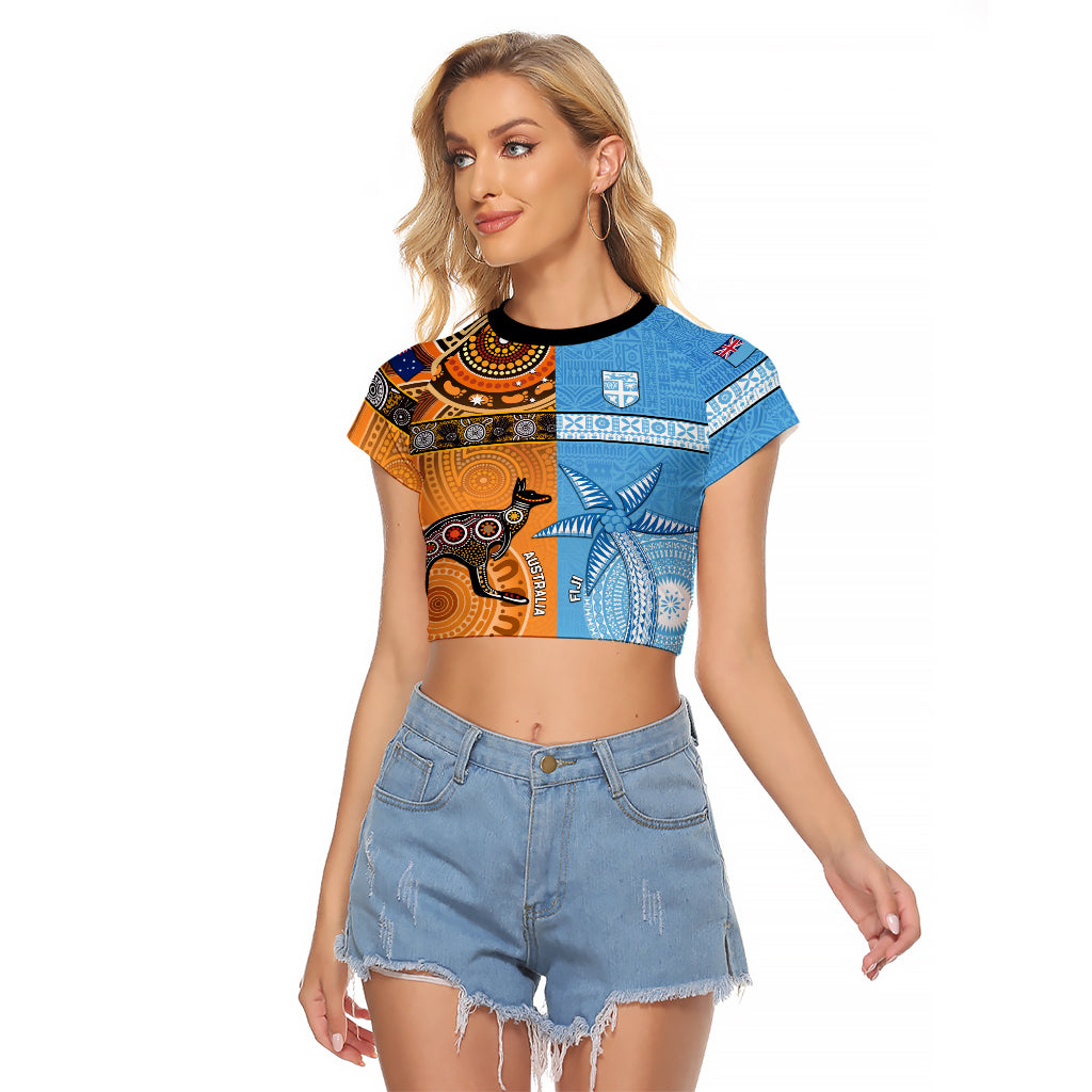 Custom Fiji Tapa And Australia Aboriginal Together Raglan Cropped T Shirt LT05 Female Blue - Polynesian Pride