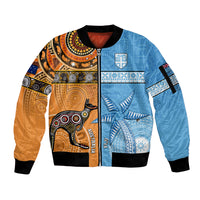 Custom Fiji Tapa And Australia Aboriginal Together Sleeve Zip Bomber Jacket LT05 Unisex Blue - Polynesian Pride