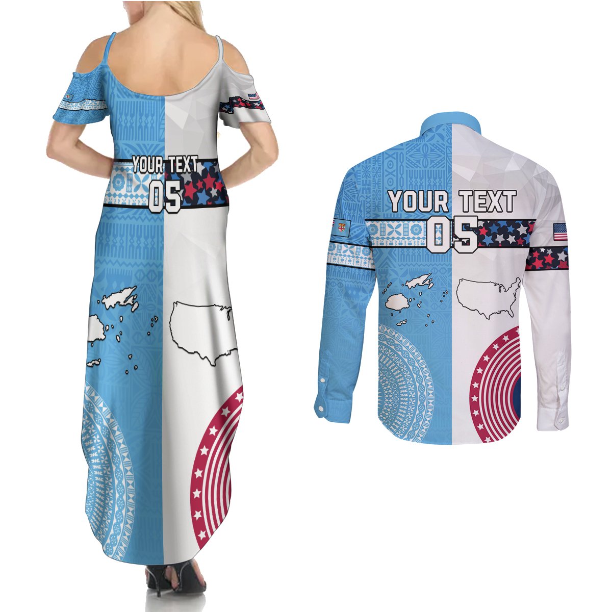 Custom Fiji And USA Palm Tree With Eagle Couples Matching Summer Maxi Dress and Long Sleeve Button Shirt LT05 - Polynesian Pride