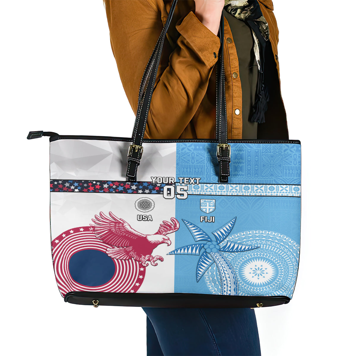 Custom Fiji And USA Palm Tree With Eagle Leather Tote Bag LT05 - Polynesian Pride