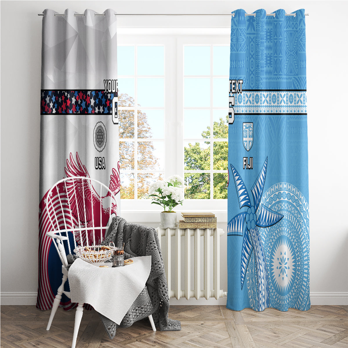 Custom Fiji And USA Palm Tree With Eagle Window Curtain LT05 - Polynesian Pride