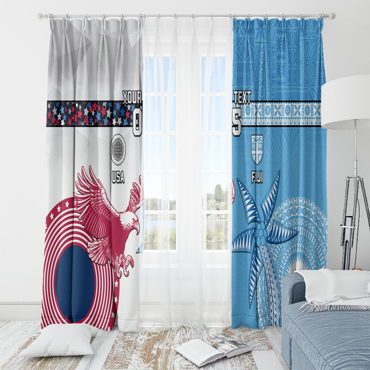 Custom Fiji And USA Palm Tree With Eagle Window Curtain LT05 - Polynesian Pride