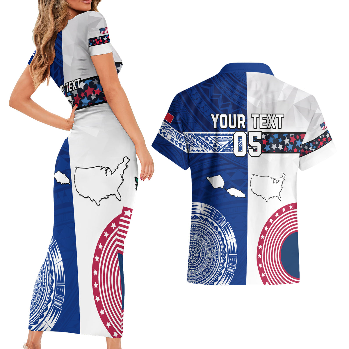 Custom Samoa And USA Together Couples Matching Short Sleeve Bodycon Dress and Hawaiian Shirt LT05 - Polynesian Pride