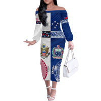 Custom Samoa And USA Together Family Matching Off Shoulder Long Sleeve Dress and Hawaiian Shirt LT05 Mom's Dress Blue - Polynesian Pride