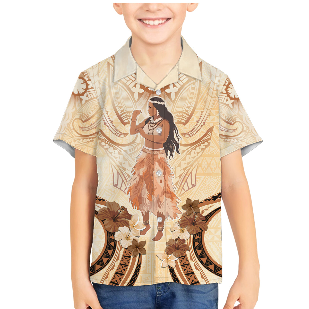 Tonga Women's Day Family Matching Mermaid Dress and Hawaiian Shirt With Polynesian Pattern LT05 Son's Shirt Beige - Polynesian Pride