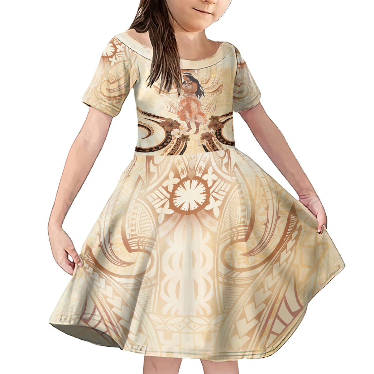 Tonga Women's Day Family Matching Short Sleeve Bodycon Dress and Hawaiian Shirt With Polynesian Pattern LT05 Daughter's Dress Beige - Polynesian Pride