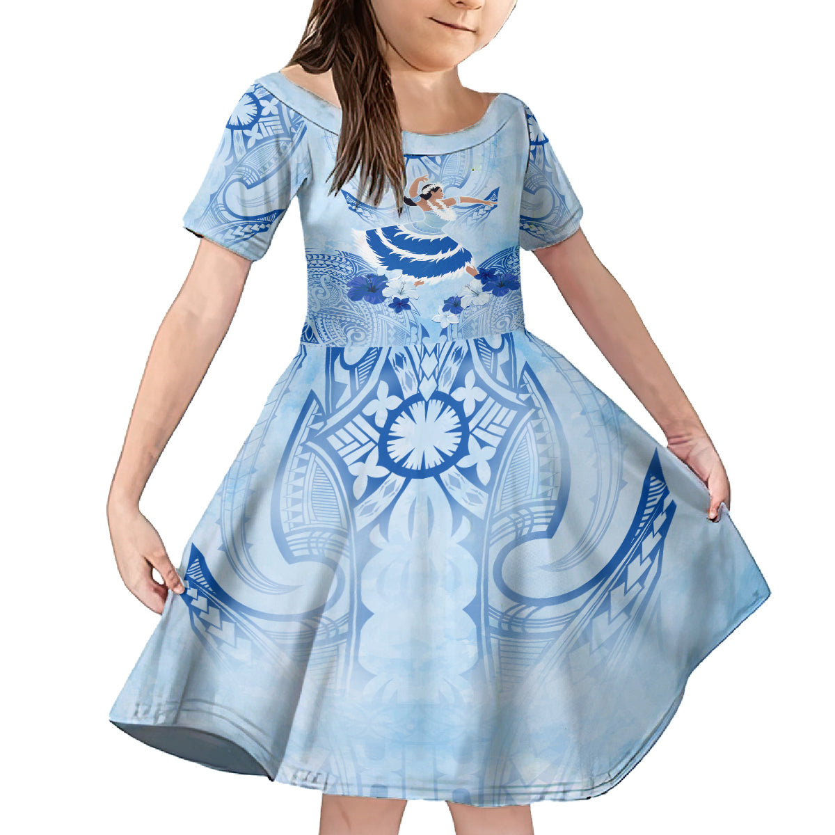 Cook Islands Women's Day Family Matching Long Sleeve Bodycon Dress and Hawaiian Shirt With Polynesian Pattern LT05 Daughter's Dress Blue - Polynesian Pride