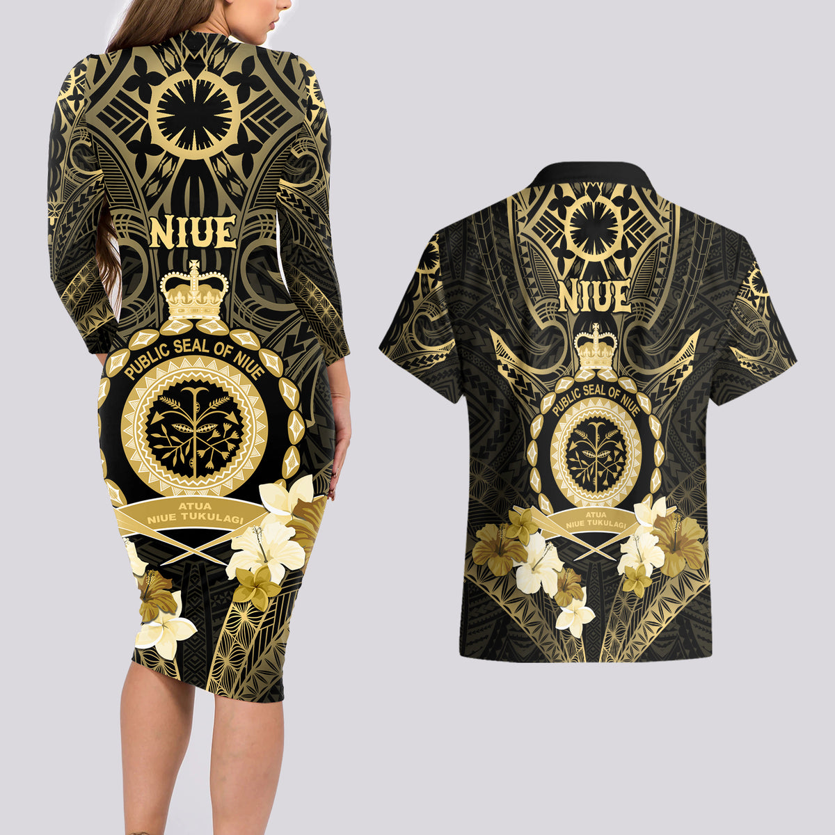 Niue Women's Day Couples Matching Long Sleeve Bodycon Dress and Hawaiian Shirt With Polynesian Pattern LT05 - Polynesian Pride