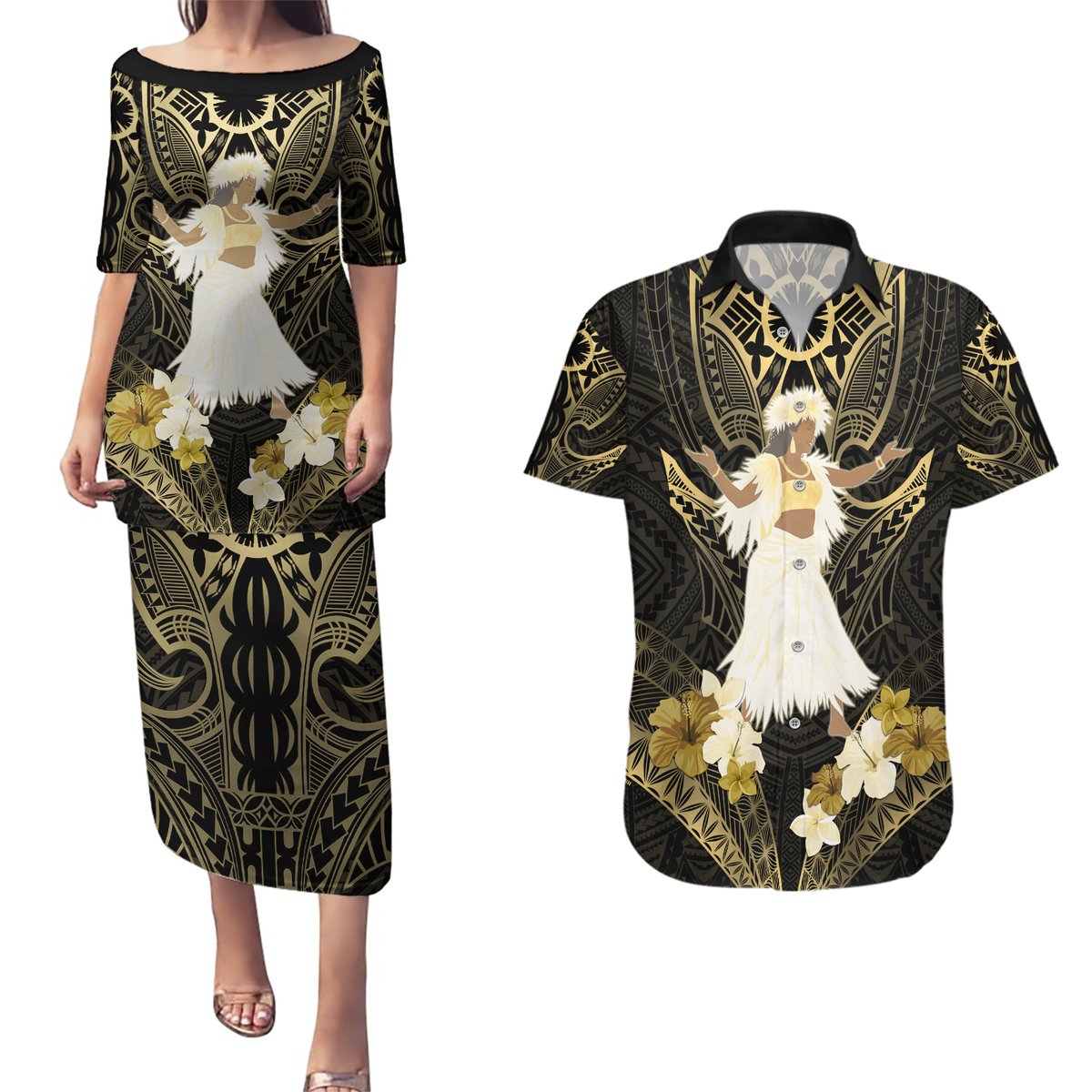 Niue Women's Day Couples Matching Puletasi and Hawaiian Shirt With Polynesian Pattern LT05 Gold - Polynesian Pride