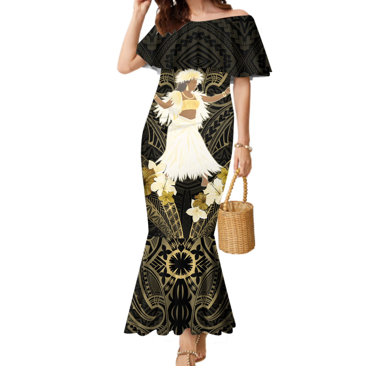 Niue Women's Day Family Matching Mermaid Dress and Hawaiian Shirt With Polynesian Pattern LT05 Mom's Dress Gold - Polynesian Pride