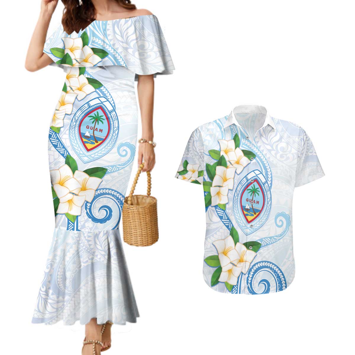 Guam Chamorro Couples Matching Mermaid Dress and Hawaiian Shirt Guasali Flowers Curves Style