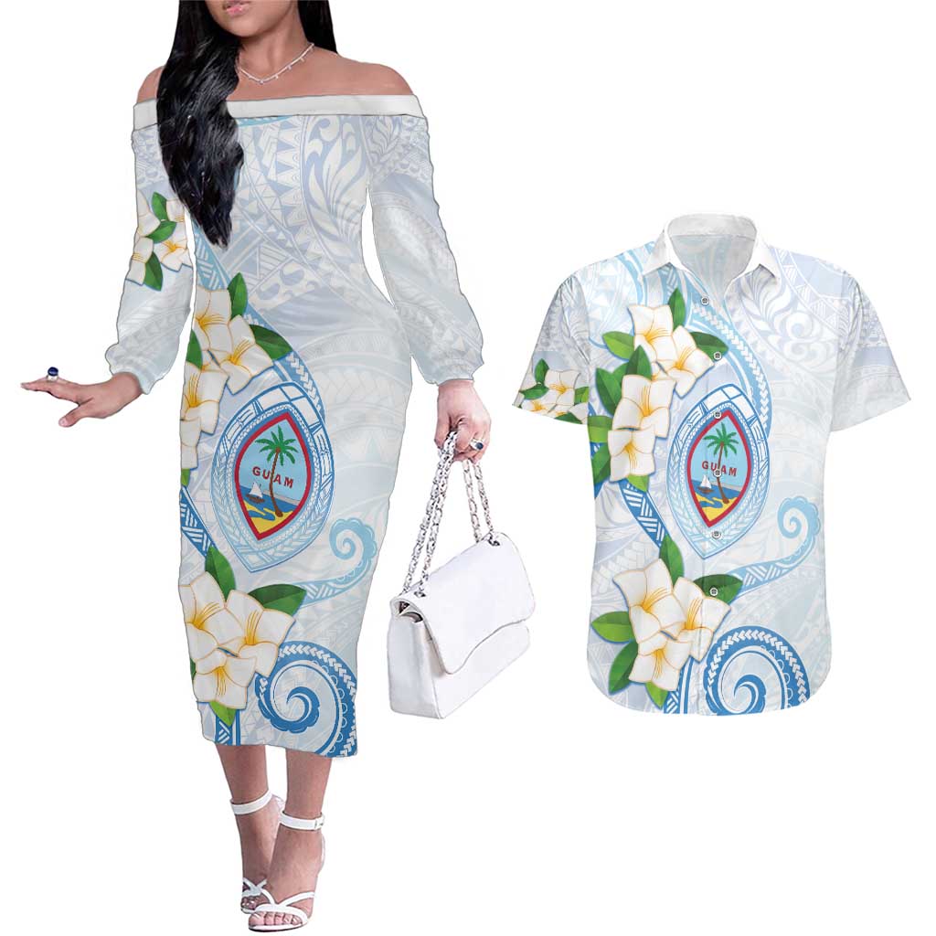 Guam Chamorro Couples Matching Off The Shoulder Long Sleeve Dress and Hawaiian Shirt Guasali Flowers Curves Style