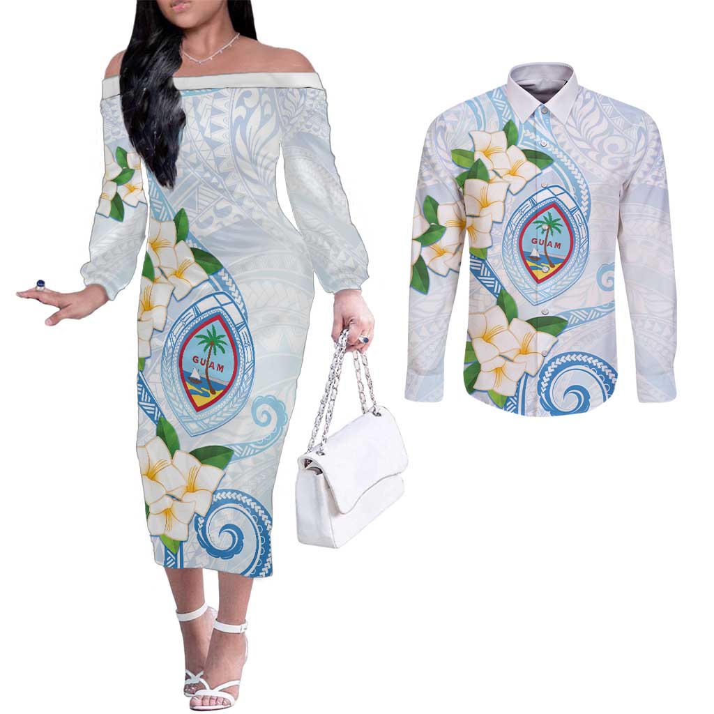 Guam Chamorro Couples Matching Off The Shoulder Long Sleeve Dress and Long Sleeve Button Shirt Guasali Flowers Curves Style