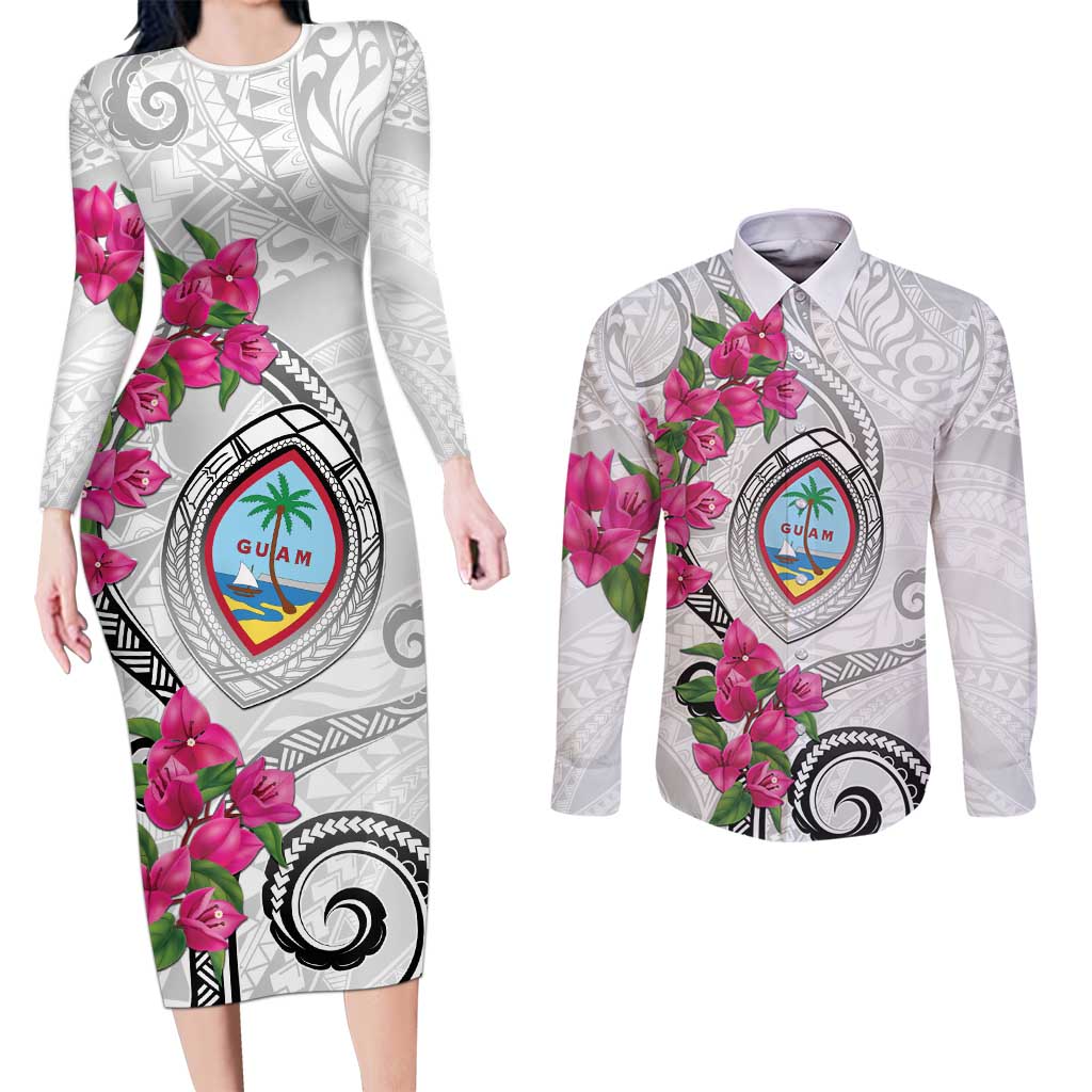 Guam Chamorro Couples Matching Long Sleeve Bodycon Dress and Long Sleeve Button Shirt Curves Polynesian Tattoo Mix Bougainvillea