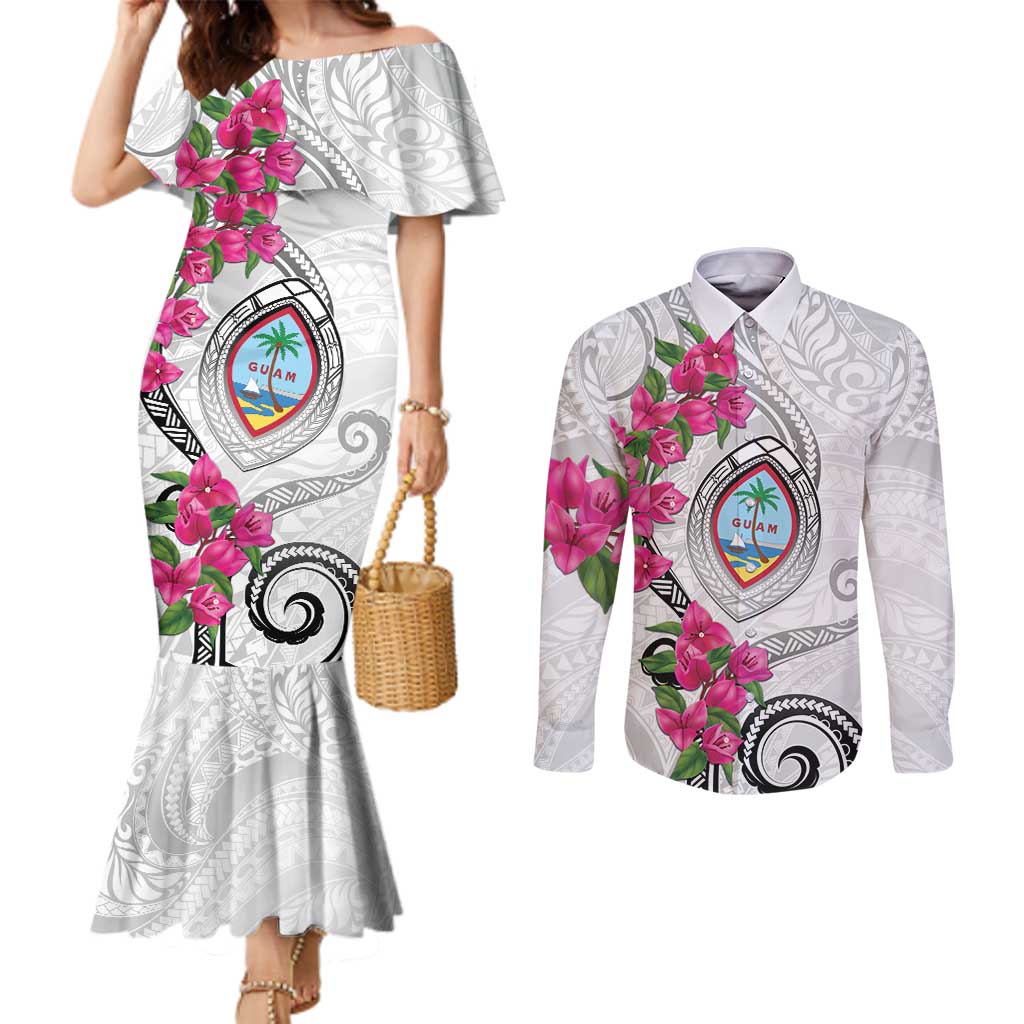 Guam Chamorro Couples Matching Mermaid Dress and Long Sleeve Button Shirt Curves Polynesian Tattoo Mix Bougainvillea