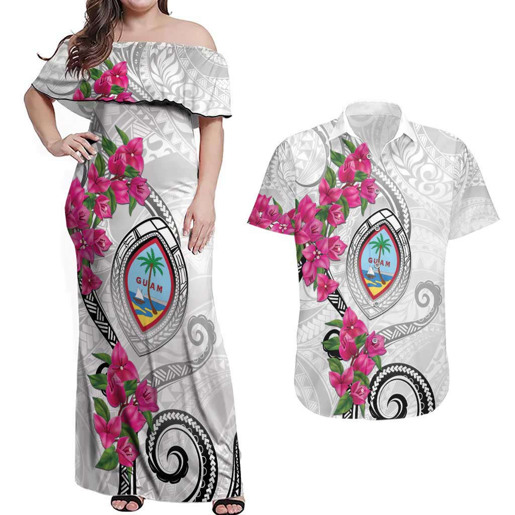 Guam Chamorro Couples Matching Off Shoulder Maxi Dress and Hawaiian Shirt Curves Polynesian Tattoo Mix Bougainvillea