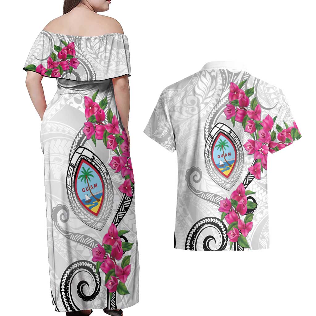 Guam Chamorro Couples Matching Off Shoulder Maxi Dress and Hawaiian Shirt Curves Polynesian Tattoo Mix Bougainvillea