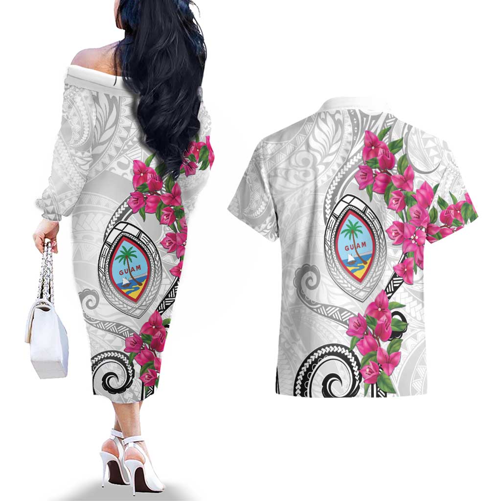 Guam Chamorro Couples Matching Off The Shoulder Long Sleeve Dress and Hawaiian Shirt Curves Polynesian Tattoo Mix Bougainvillea