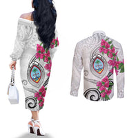 Guam Chamorro Couples Matching Off The Shoulder Long Sleeve Dress and Long Sleeve Button Shirt Curves Polynesian Tattoo Mix Bougainvillea