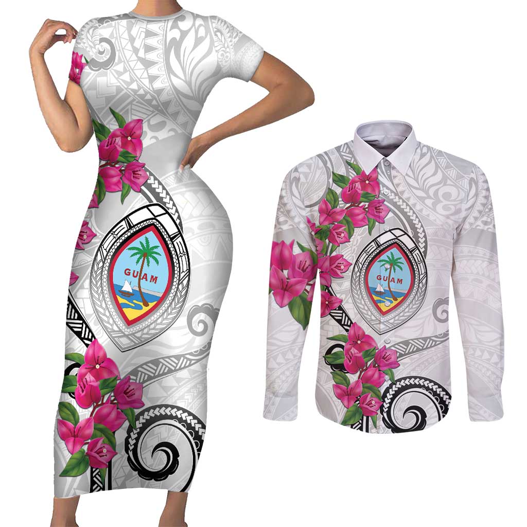 Guam Chamorro Couples Matching Short Sleeve Bodycon Dress and Long Sleeve Button Shirt Curves Polynesian Tattoo Mix Bougainvillea
