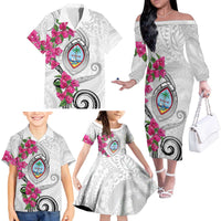 Guam Chamorro Family Matching Off The Shoulder Long Sleeve Dress and Hawaiian Shirt Curves Polynesian Tattoo Mix Bougainvillea