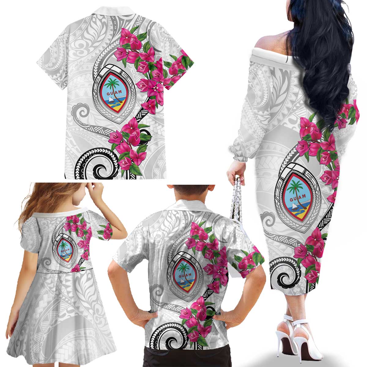 Guam Chamorro Family Matching Off The Shoulder Long Sleeve Dress and Hawaiian Shirt Curves Polynesian Tattoo Mix Bougainvillea