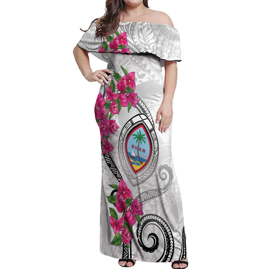 Guam Chamorro Off Shoulder Maxi Dress Curves Polynesian Tattoo Mix Bougainvillea